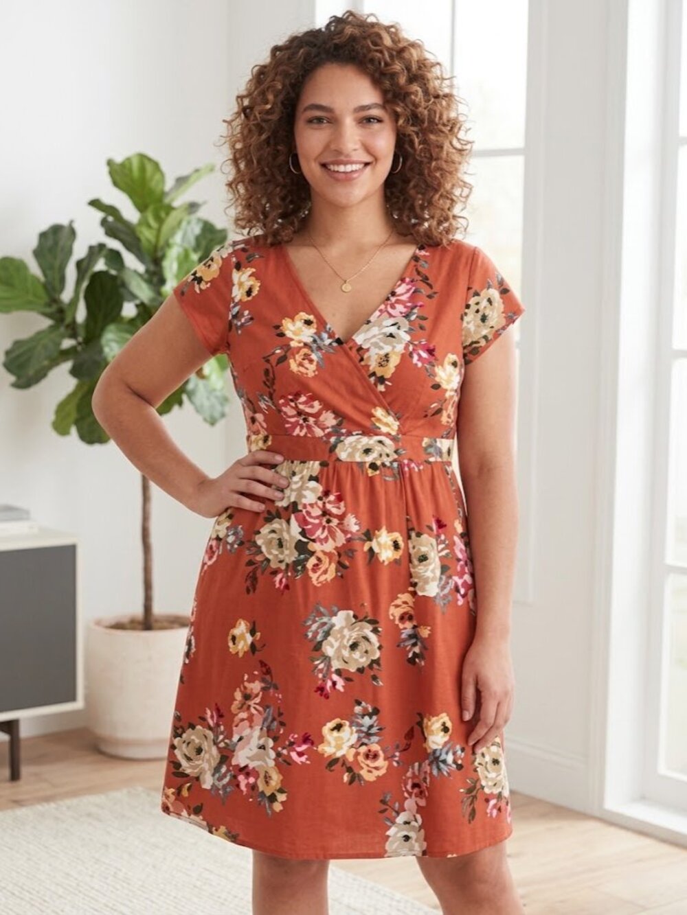 Vintage Garnet Hill Floral Dress | Burnt Orange Cotton Faux Wrap Midi (Size 14)